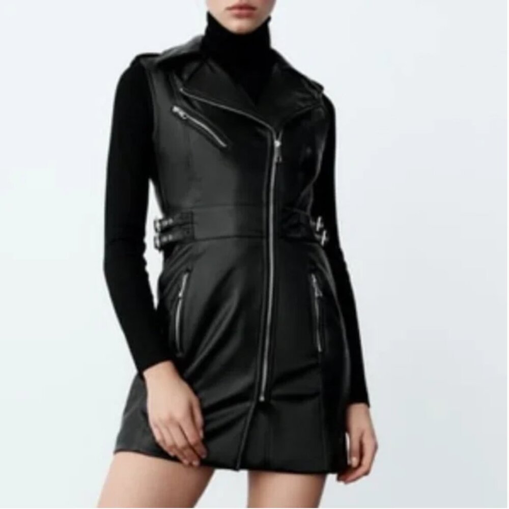 Zara Faux Leather Moto Zip-Up Dress – Black – Medium – Like New